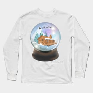 Snow Globe Santa and Reindeer Flying Over A Winter Cabin Long Sleeve T-Shirt